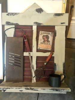 Antique Kitchen Implements Wood Window Artwork 20 x 15