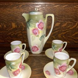 R S Germany Hand Painted Porcelain Rose Pitcher with 4 Sets of Cups and Saucers