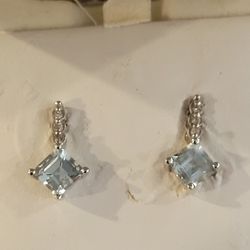 Aquamarine and Diamond Chip Pierced Earrings 