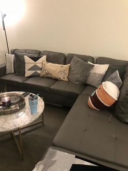 Gray Faux Leather L-Shaped Sectional Sofa + Storage Ottoman – Wrapped & Ready for Pickup