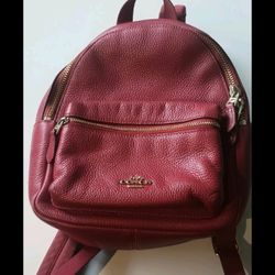 Coach Red Pebbled Leather Logo Zip Backpack with Inner & Outer Pockets