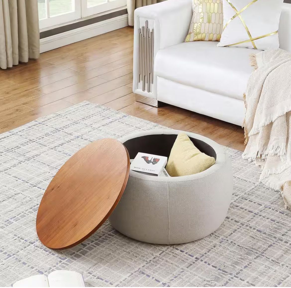 New 25 in. Gray Linen Storage Ottoman