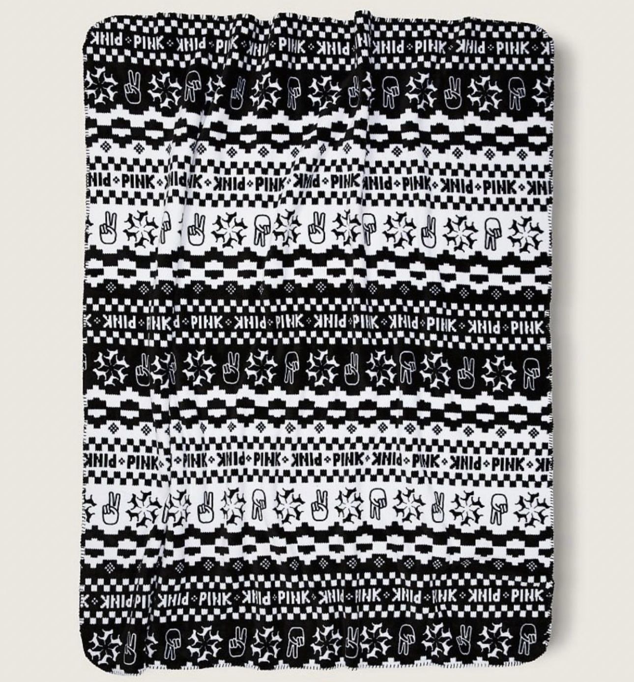 Victoria Secret PINK Sherpa Blanket Peace Black White 60” x 50” Holiday Edition