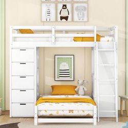NEW White Twin Over Twin Wood Bunk Bed with 3-Layer Shelves, 8-Drawer, Built-in Desk, LED Light and USB Ports