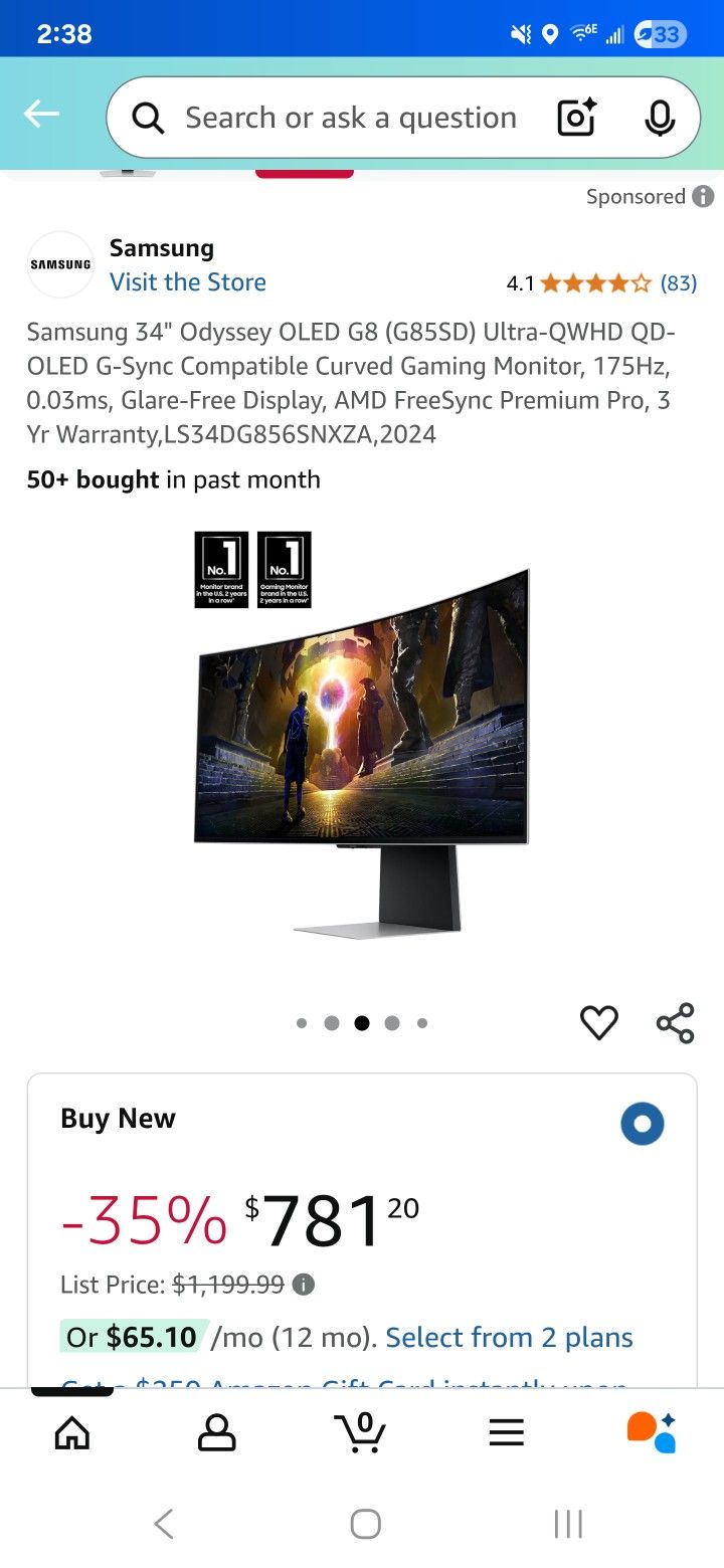 Samsung 34" Odyssey OLED G8 (G85SD) Ultra-QWHD QD-OLED G-Sync Compatible Curved Gaming Monitor, 175H