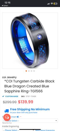 COI Tungsten Carbide Black Blue Dragon Created Blue Sapphire Ring-TG1566