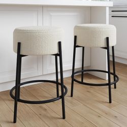 Modern Boucle Bar Stools (Set of 2) – 24” Seat Height, White/Black