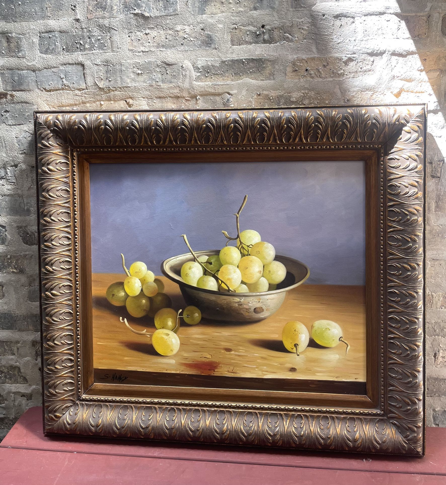 S. Nancy - "Grapes on table" Realistic Painting, Oil on Canvas, Framed