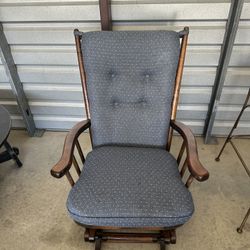 Vintage Glider Rocker – Wood Frame, Blue Tufted Upholstery