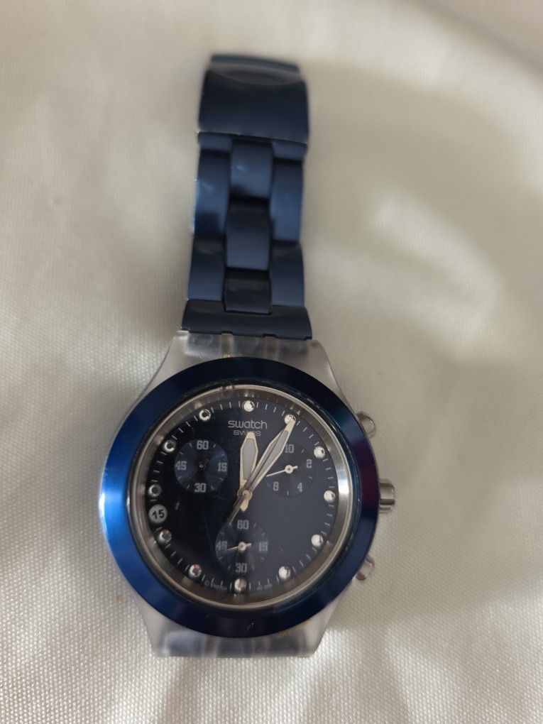 🕶️ Swatch Swiss Chronograph – Blue & Silver
💲 $45