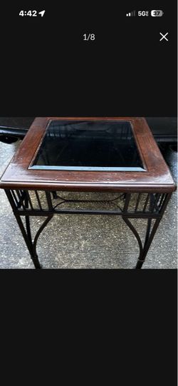 Wood and Metal End Table with Glass Top