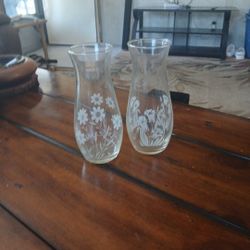Set Of 2  Clear Vases w/ Etched Flowers