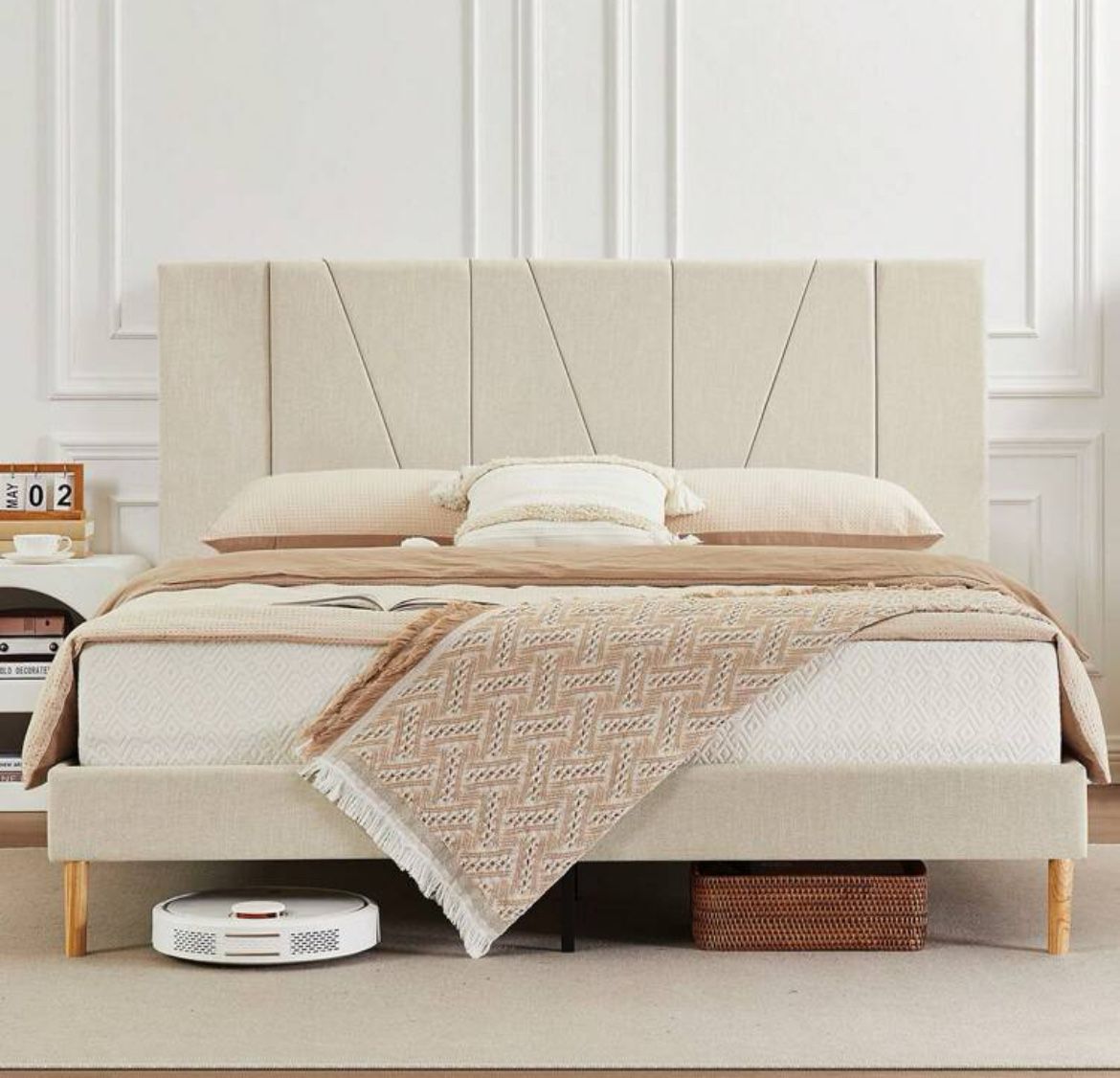 Queen Size Bed Frame Upholstered Platform With Complete Headboard And Strong Wooden Slats, No Box Spring Needed, Easy Assembly