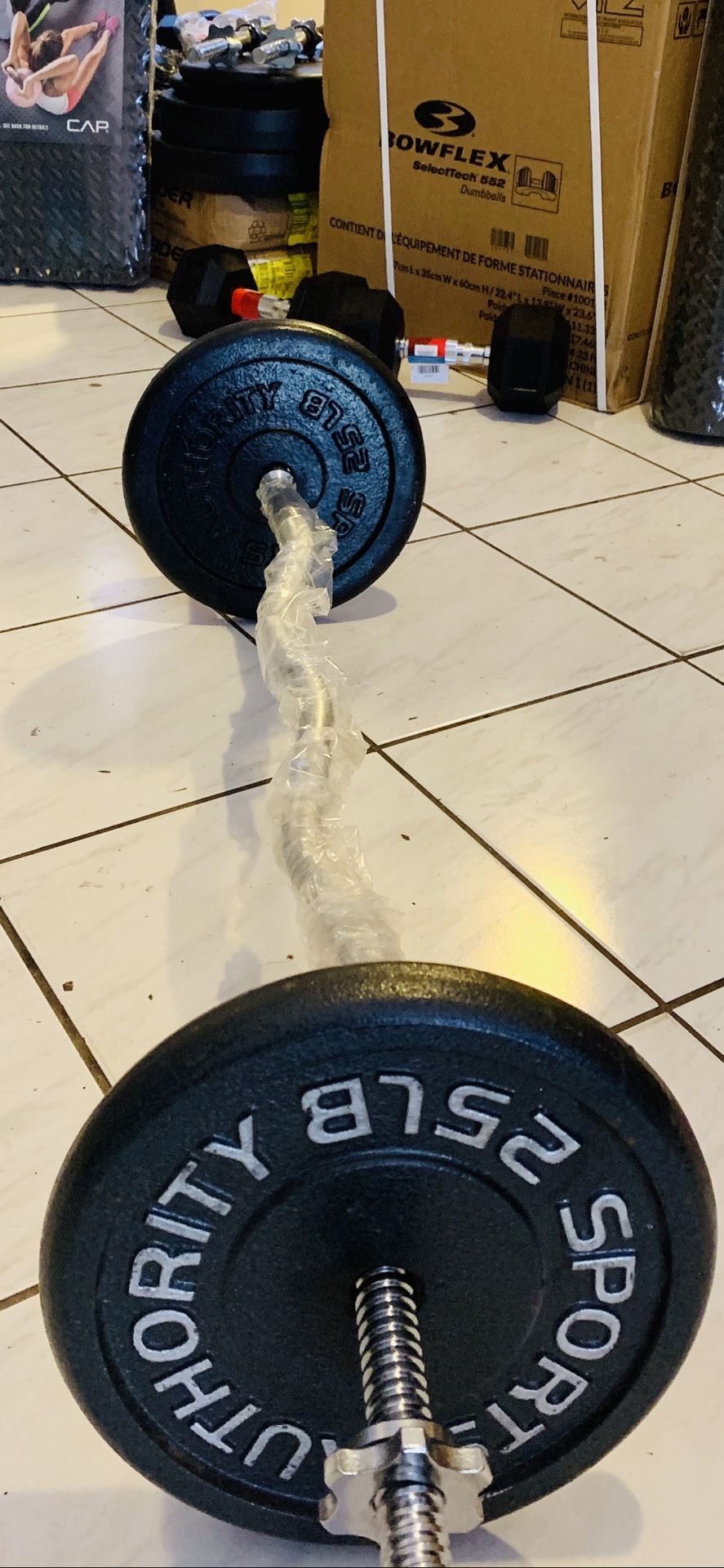 New curl bar and two 25 lb plates