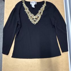 Women's Black long sleeve top with gold beaded neckline glam
