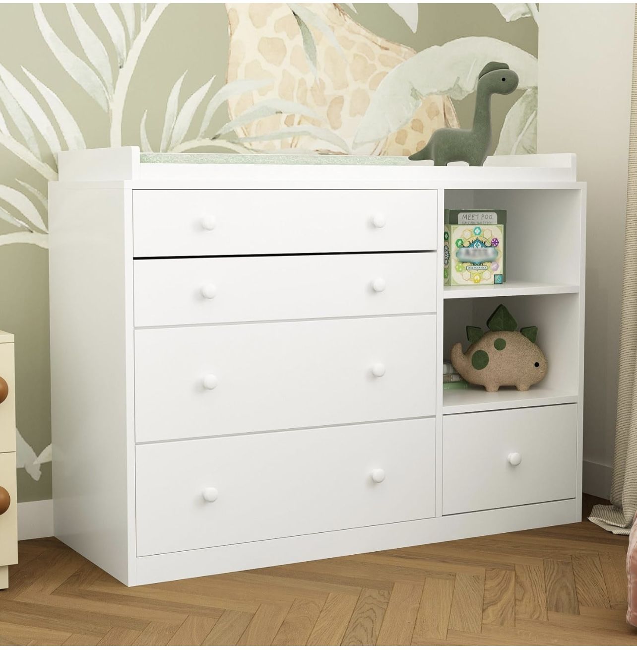 Changing Table Dresser, Baby Dresser with 5 Drawers and 2 Shelves, Multi-Functional Baby Changing Table, Classic Nursery Dresser, Diaper Changing Stat