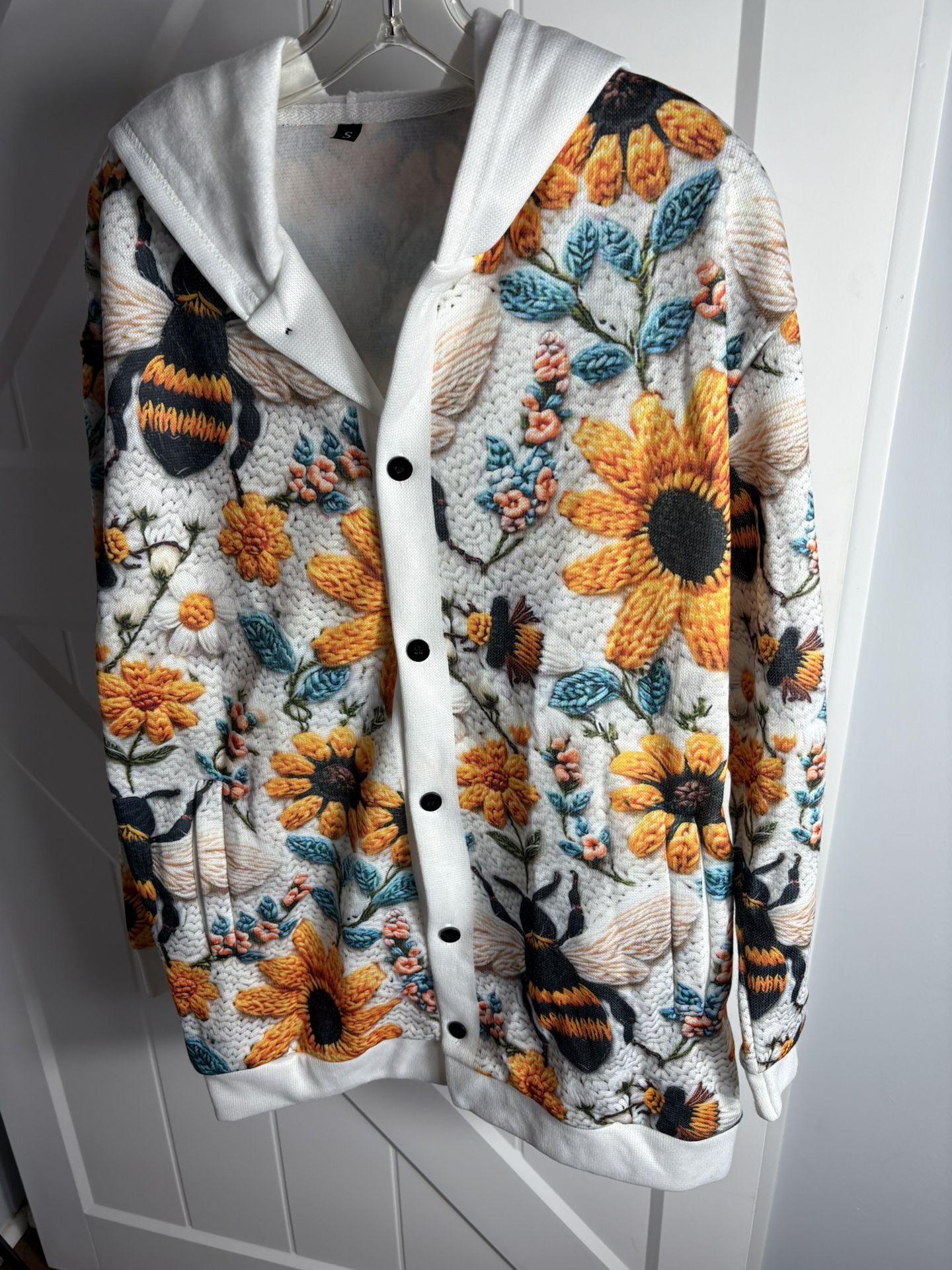 Women’s Fleece Hooded Jacket Bumble Bee Print White/Orange/Blue Sz Small