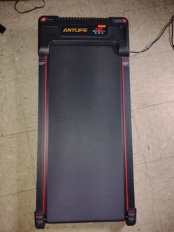 Compact ANYLIFE 480D-A walking pad is black with red accents. This under-desk treadmill has a 2.5HP motor and a weight capacity of 330 lbs. It include