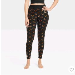 Women's Foil Printed Jack-O'-Lantern Faces Halloween Seamless Fleece Lined Leggings - Hyde and EEK! Boutiquer Black/Orange L/XL