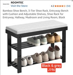 ROOMTEC Bamboo Shoe Bench, 3-Tier Shoe Rack, Entryway Bench with Cushion and Adjustable Shelves, Shoe Rack for Entryway, Hallway, Mudroom and Living R