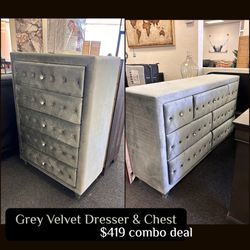 Grey Velvet Chest And Dresser Set