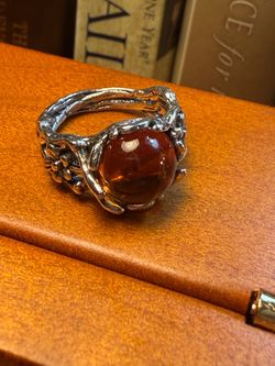 New Size 5 amber color setting, silver tone floral whimsical statement ring