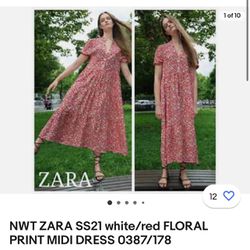 Brand New ZARA SS21 white/red FLORAL PRINT MIDI DRESS 0387/178 ; Condition. New with tags