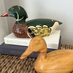 Vintage Lot 2 wooden decoy, duck mallards table, decor, collectibles Bothell, mid-century, modern hand painted and carved sculptures