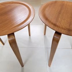 Mid-century modern MCM teak end tables; 15 in. diameter, 19 in. tall.