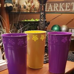 Three Heavy Meatal 9 Inch Vases/canisters  With Cutouts 