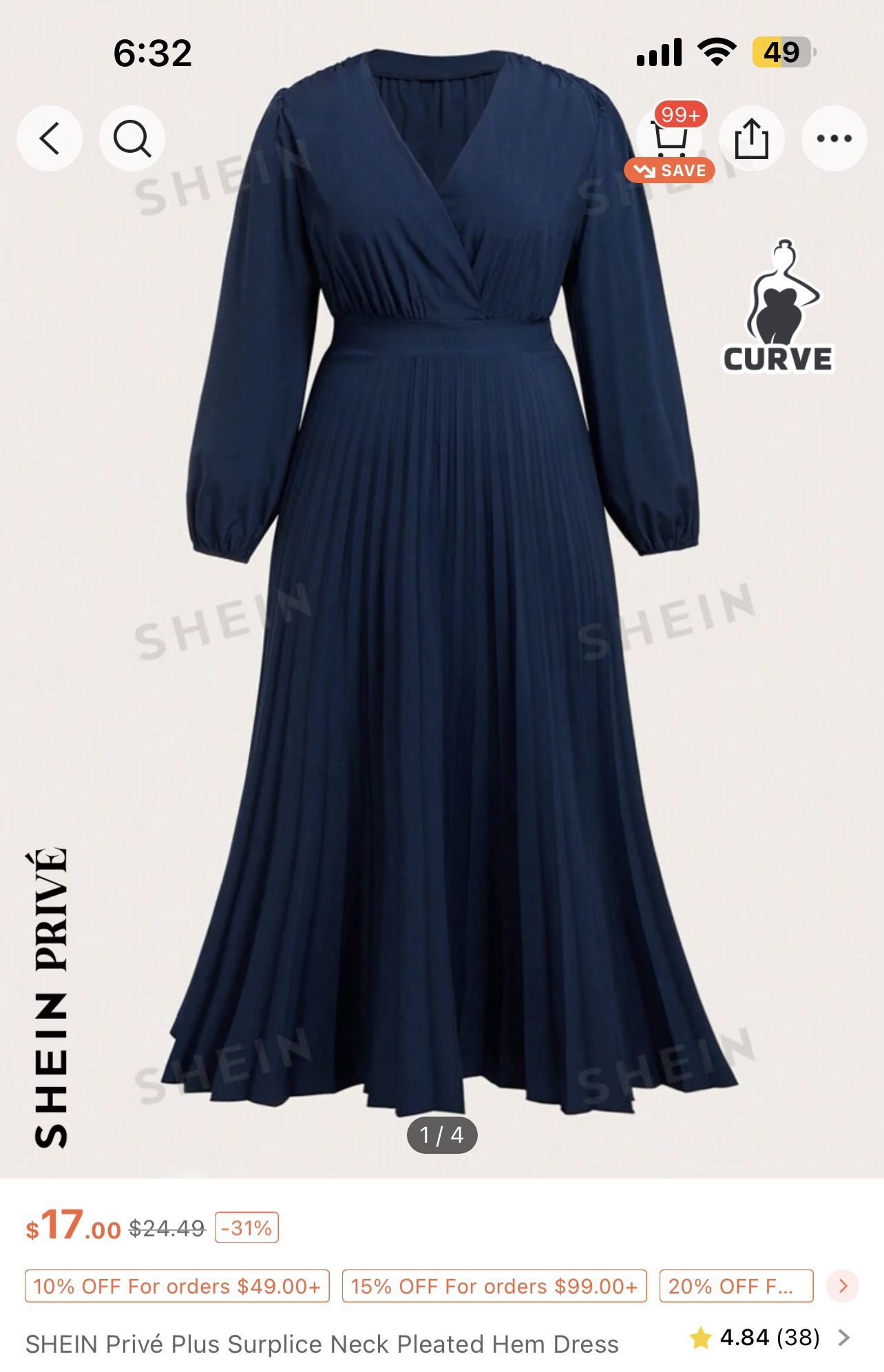SHEIN Curve- Blue Pleated Dress