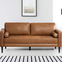 MAYKOOSH 73.23 in. Mid - Century Square Arm Genuine Leather Rectangle Sofa in Tan for Living Room