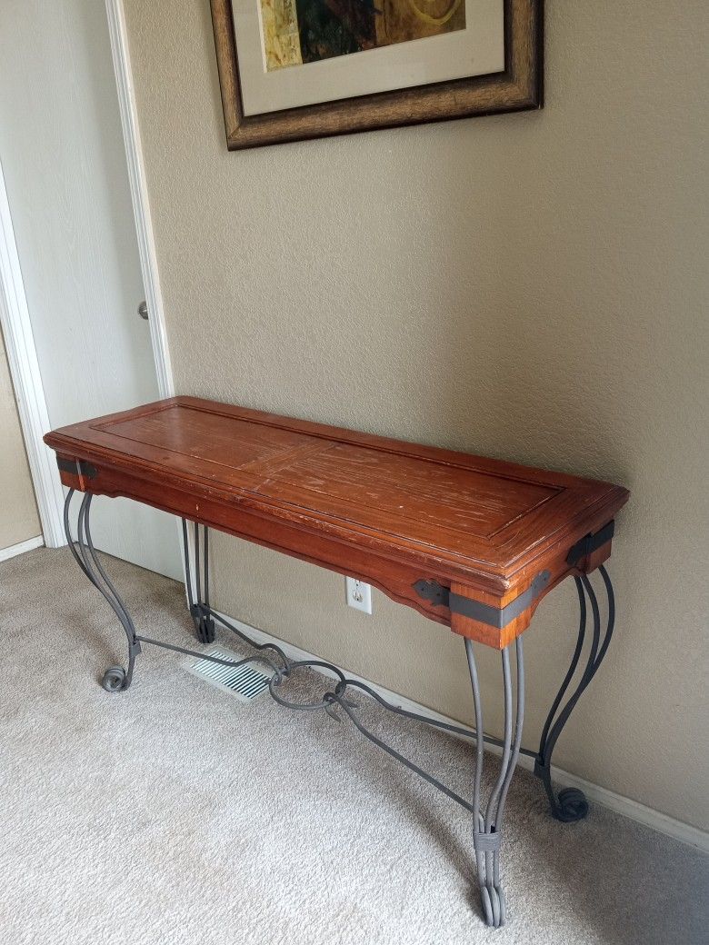 Vintage Brown Wood and Iron Long Console Table