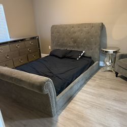 Queen Sleigh Bedframe Side Table And Chair