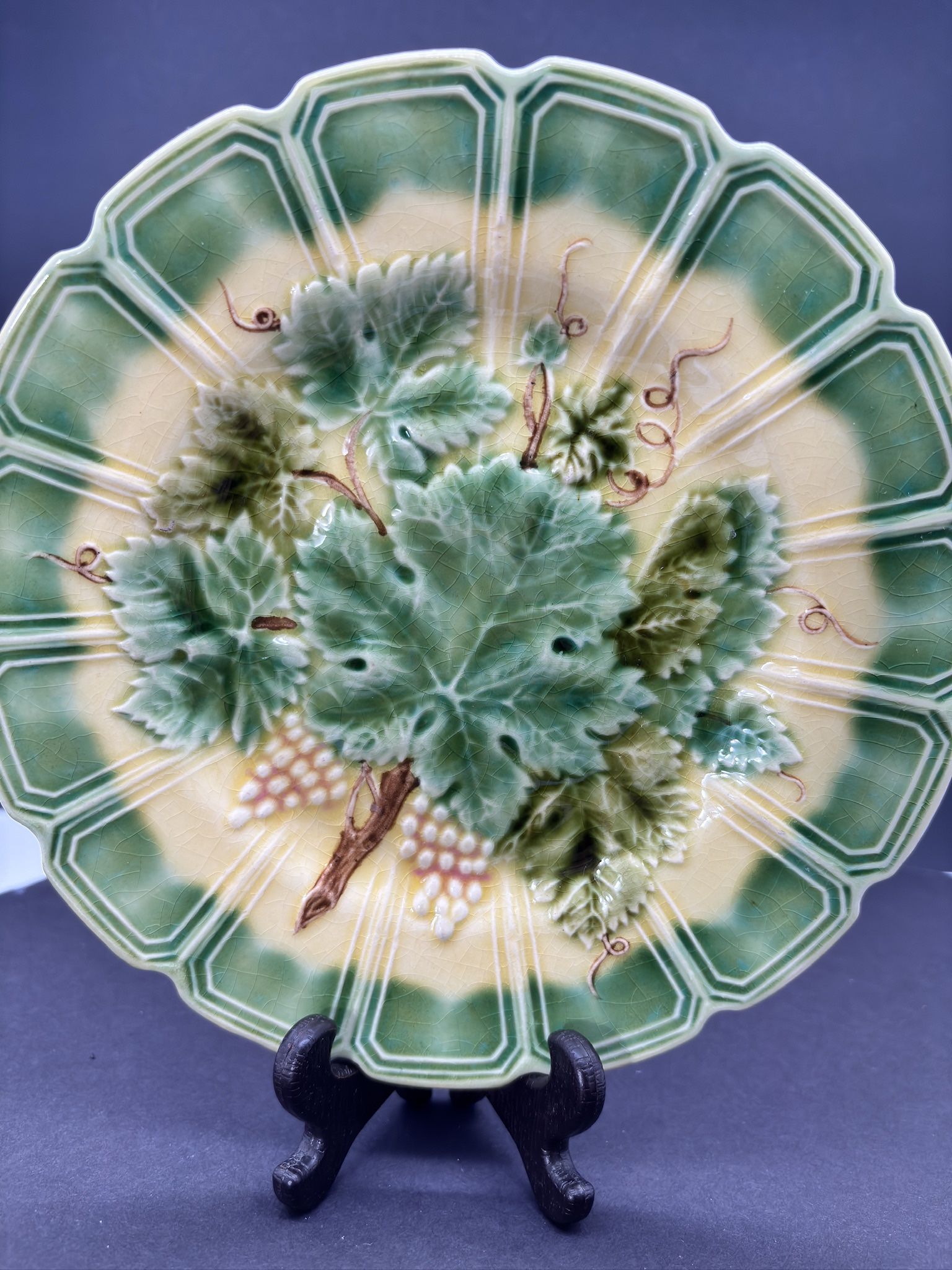 Antique French Sarreguemines Majolica Pottery Plate Green Leaf Grape Cluster