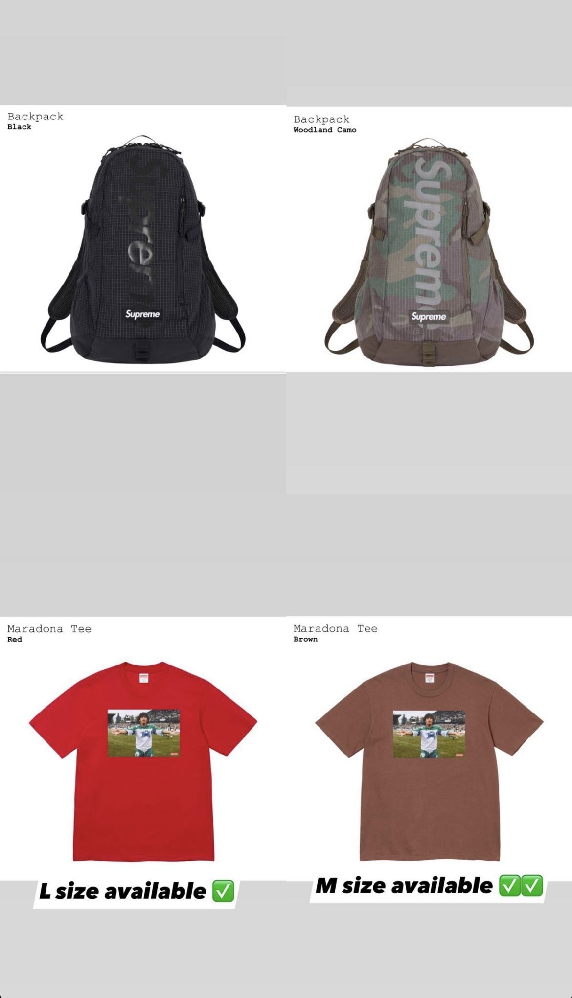 Supreme SS 24 Maradona Tee, Backpacks, Beanies,hooded Sweatshirt 