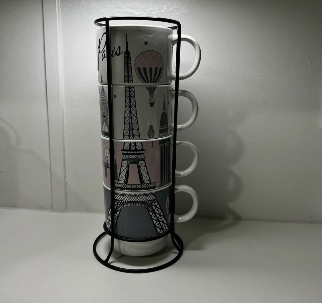 Signature Paris Eiffel Tower Stacked Stoneware Mug Set Of 4