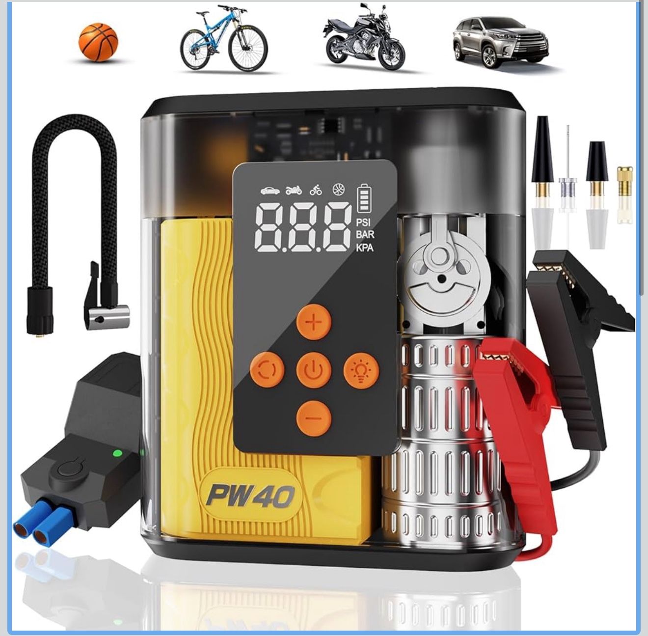 Jump Starter with Air Compressor, 4000A Peak Car Battery Charger, 200 PSI Tire Inflator, Heavy Duty Power Pack for Up to 9.0L Gas, 8.0L Diesel Engines