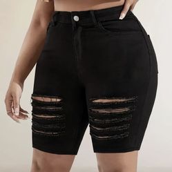 Women's Casual Denim Shorts, Plus Size Plain Ripped High Rise Stretchy Bermuda Denim Shorts