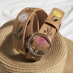 Boho Flower Embroidered Colorful Metal Buckle Everyday Brown Belt - Women's OS