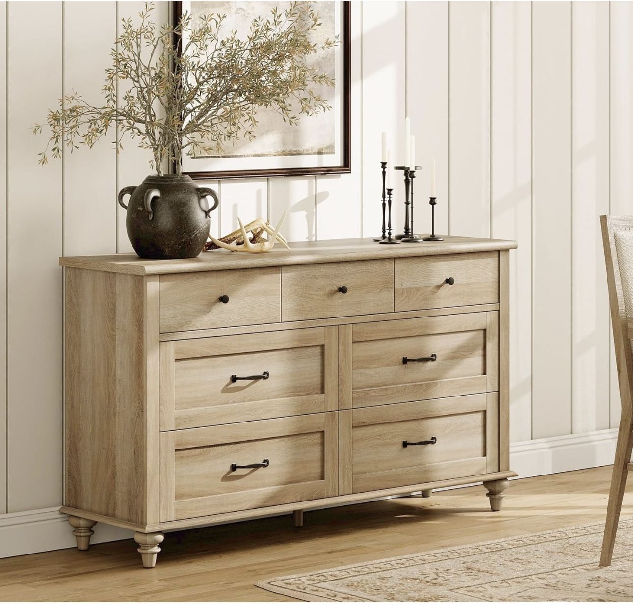 Farmhouse Dresser with 7 Drawers for Bedroom, Wide Kids Dresser with Solid Wood Legs, Rustic Organizer for Living Room and Kids' Room, Oak, 54 Inch