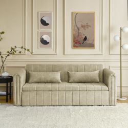 3 in 1 Pull-Out Bed Sleeper, Modern Upholstered 3 Seats Lounge Sofa & Couches with Rolled Arms Decorated with Copper Nails , Convertible Futon 3 Seats