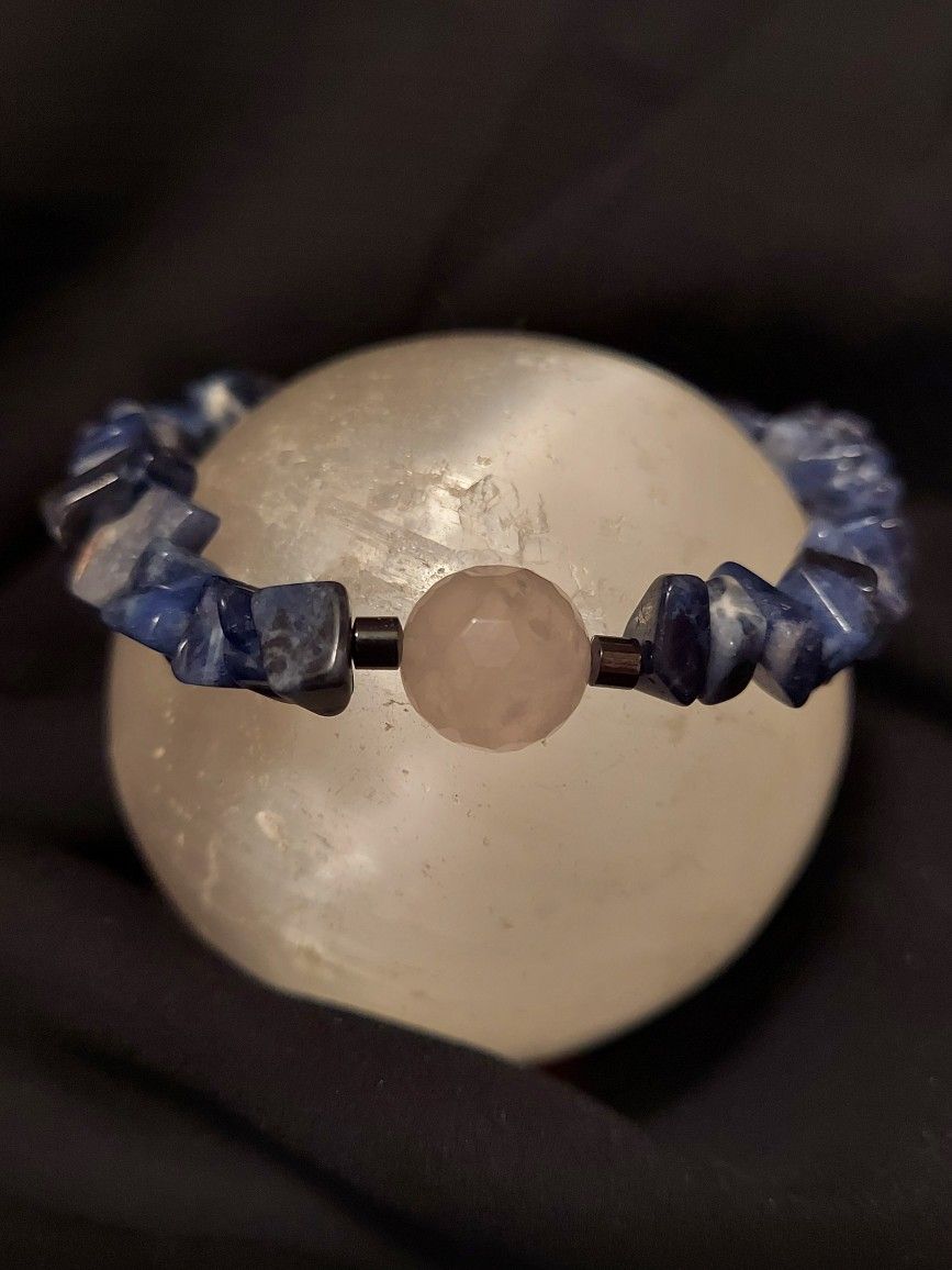 Sodalite, Rose Quartz And Hematite Crystal Bracelet 