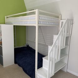 Twin metal bed frame, wooden stairs, one clean mattress