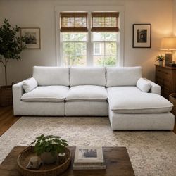 White Bouclé Sectional Sofa with Chaise