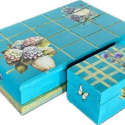 Blue Painted Vintage Jewelry Box With Bonus Trinket Box