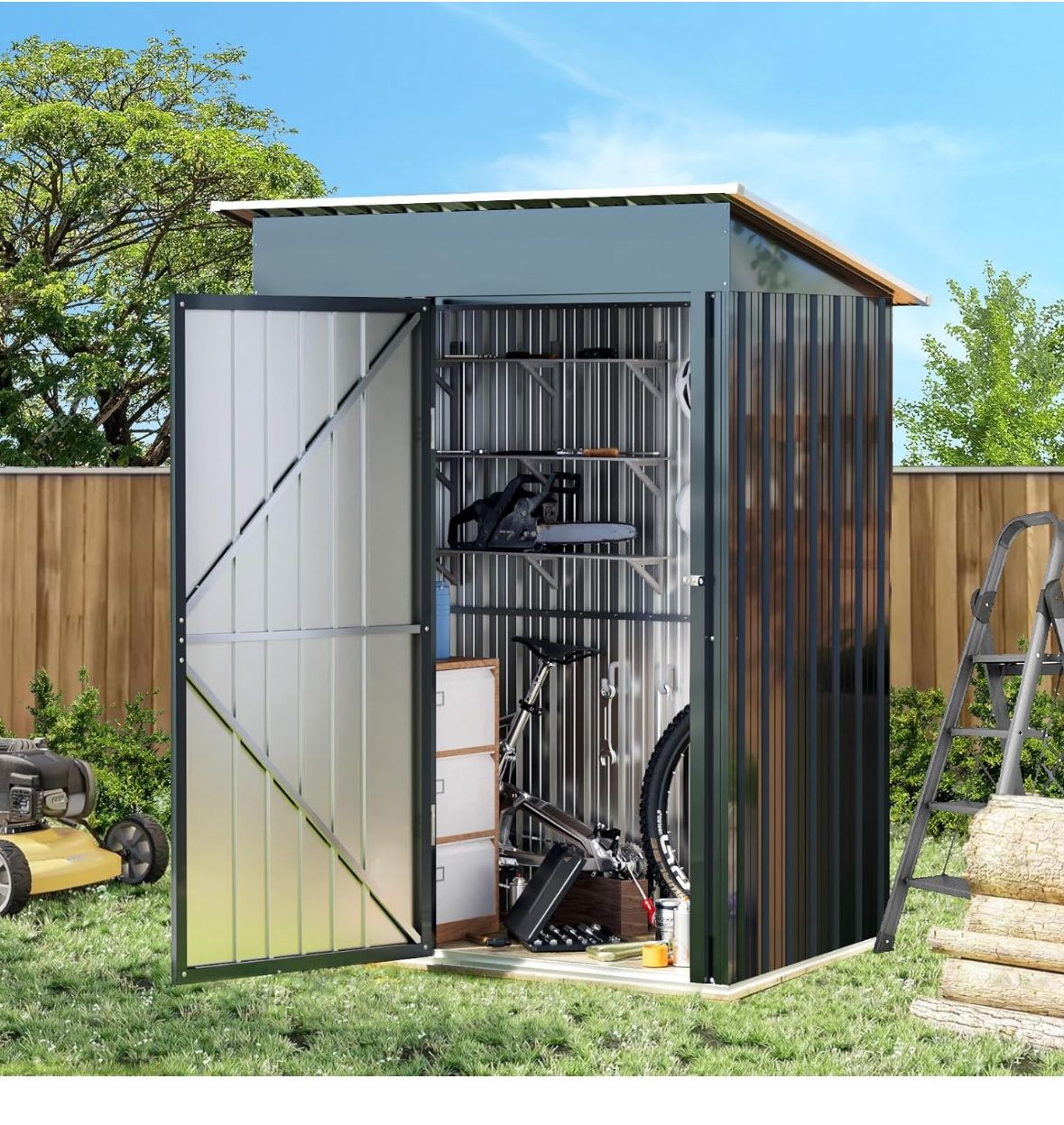 Breezz 5x3FT Vertical Outdoor Steel Storage Shed, Lockable Doors, Compact Metal Tool Shed for Garden, Backyard, Patio, Utility, and Bike Storage