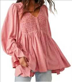 Free People "Don't Call Me Baby" Smocked Thermal Tunic Top