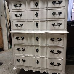 White Wooden Distressed 6 Drawer Tallboy Dresser