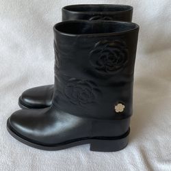 Chanel Black Camellia Embroidered Cuffed Mid Calf Boots